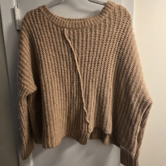 Zara Knit Alpaca Women's Oversized Tan Brown Asymmetrical Pullover Sweater - Picture 3 of 10